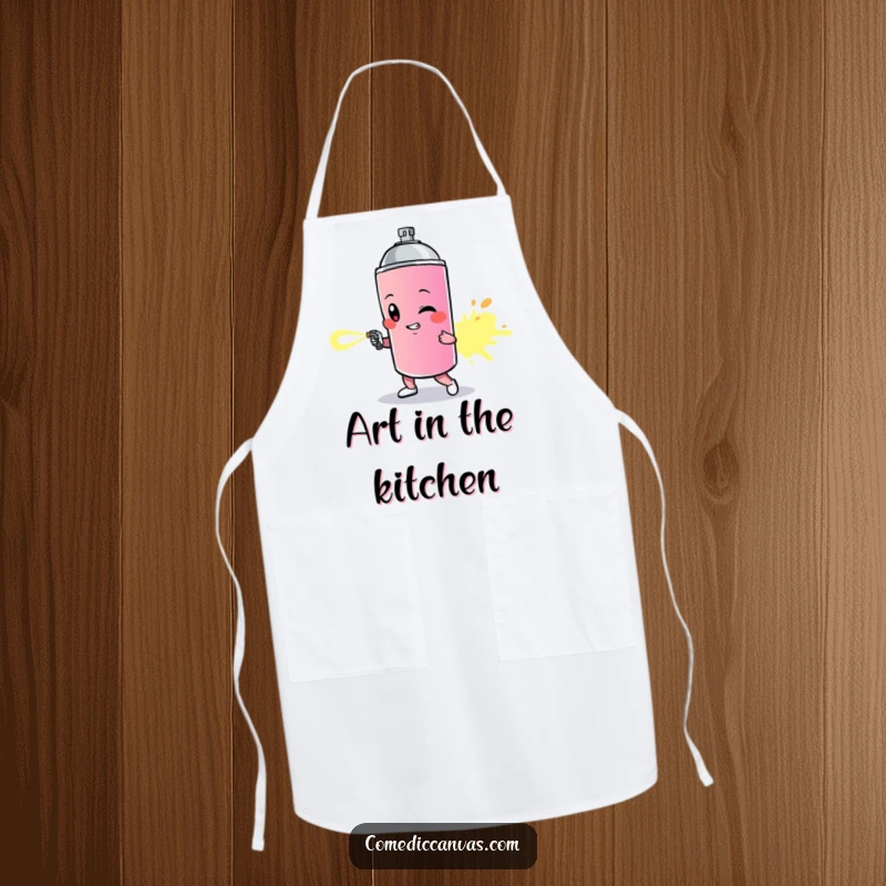 Funny apron showing a determined spray paint can character leaving a vibrant trail, ideal for an artistic chef.