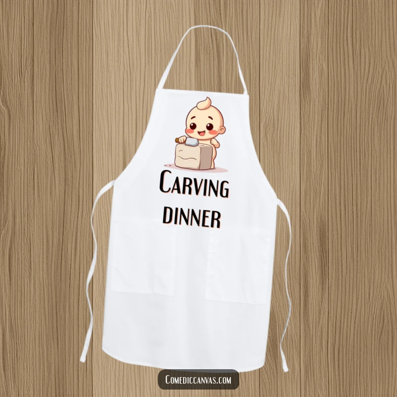 Funny apron with a happy chisel character comically chipping away at a block of clay, for protection.