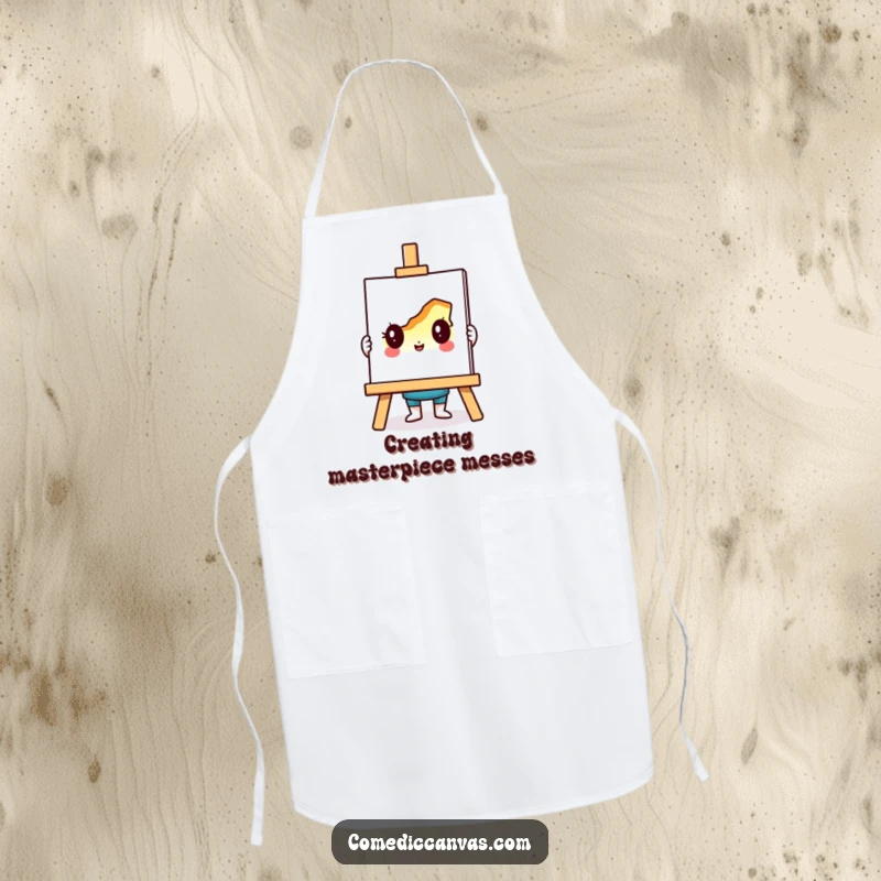 Funny apron with a cute easel character proudly displaying a colorful, partially completed artwork, perfect for messy art sessions.