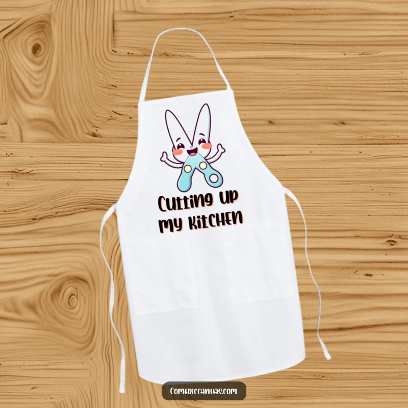 Funny apron showcasing a happy scissors character cutting a star, ideal for kitchen or crafting protection with humor.