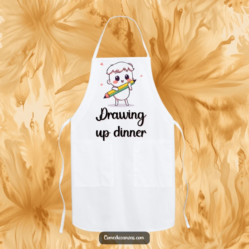 Funny kawaii pencil sketching energetically, a protective apron for artistic endeavors, combining practicality with humorous design.