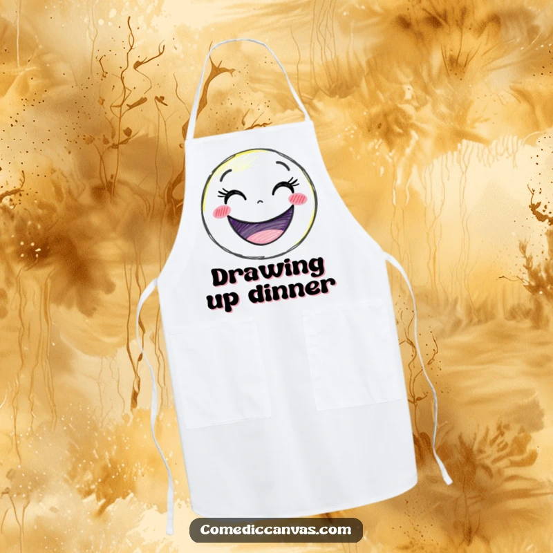 Funny delighted crayon character drawing a giant smiley face, a humorous apron for kitchen fun.
