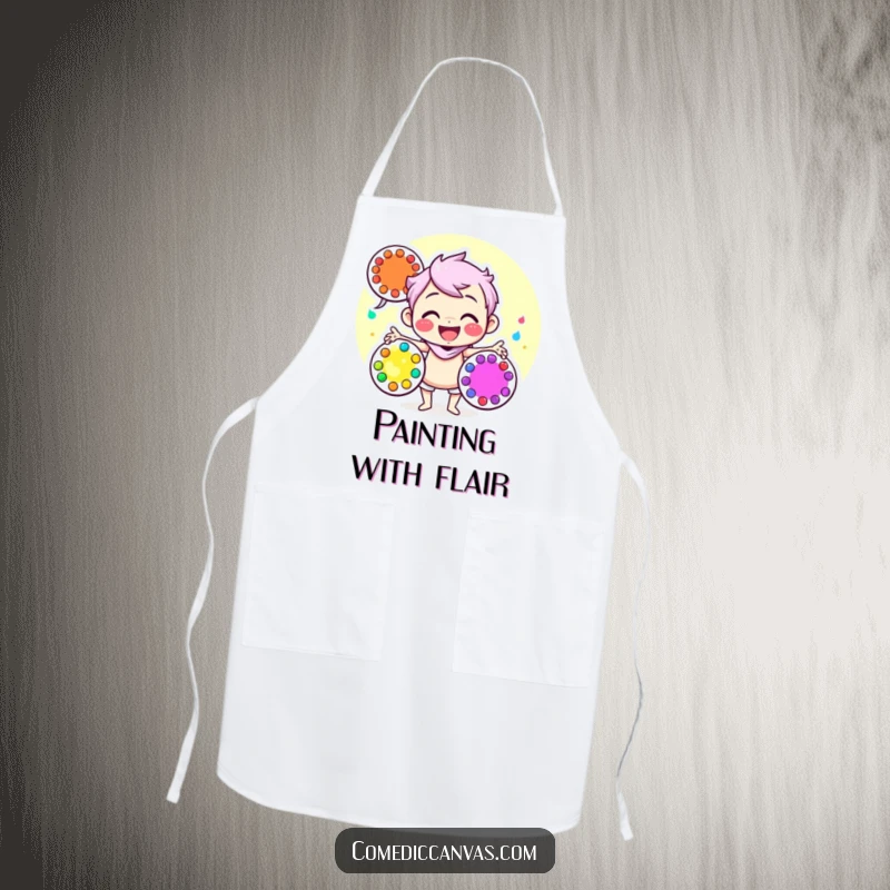 Funny apron with a happy character juggling vibrant art palettes, perfect for messy creative endeavors and artistic protection.