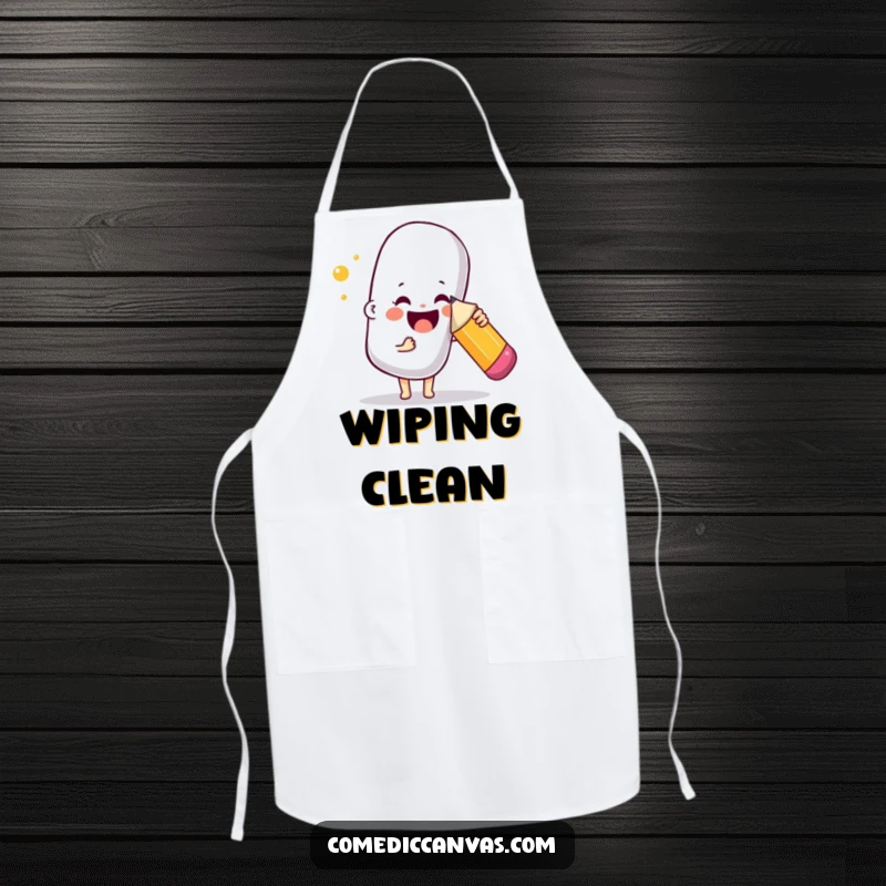 Funny apron with a joyful character poking a giant bouncy eraser with a pencil, perfect for playful and messy art creation.
