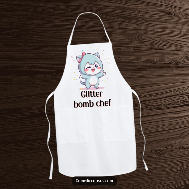 Funny apron showing a mischievous character playfully throwing glittery confetti, ideal for parties and festive culinary creations.