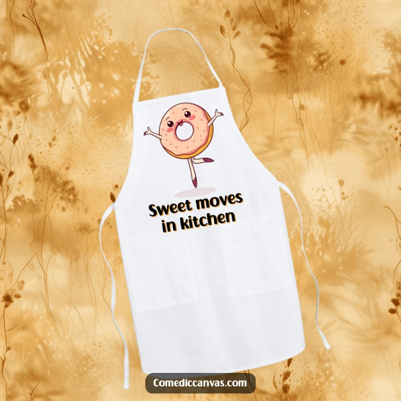 Funny apron depicting a wobbly jelly donut attempting a ballet pirouette, adding a humorous and sweet touch to any kitchen activity.