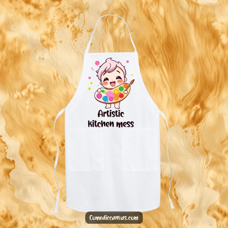 Funny giggling paint palette character overflowing with bright colors, kitchen apron, humorous colorful cartoon.