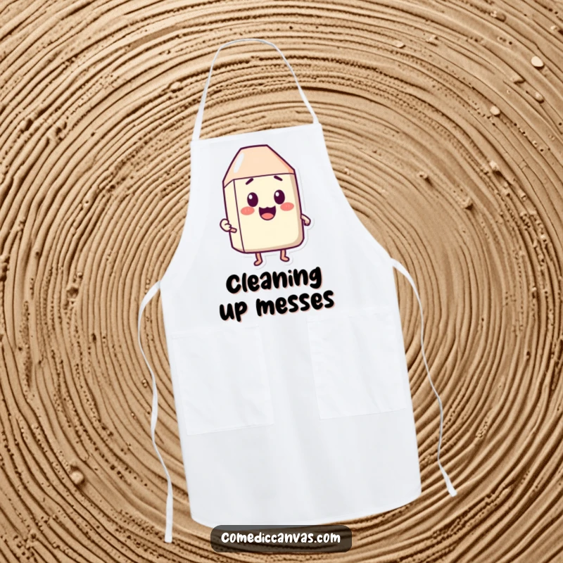 Funny apron showing a happy eraser character rubbing out a surprised expression, ideal for a mistake-fixing cook.