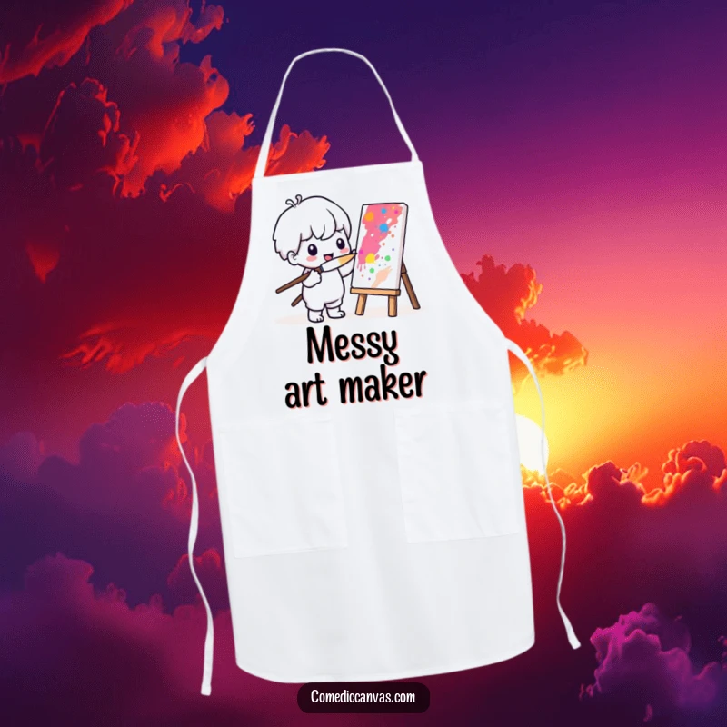 Funny apron showing a Kawaii character painting a vibrant masterpiece with a comically oversized brush, perfect for artists.