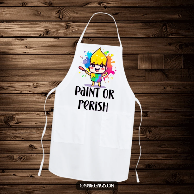 Funny apron with a cheerful paintbrush character joyfully splattering paint, protecting the wearer during artistic creation.
