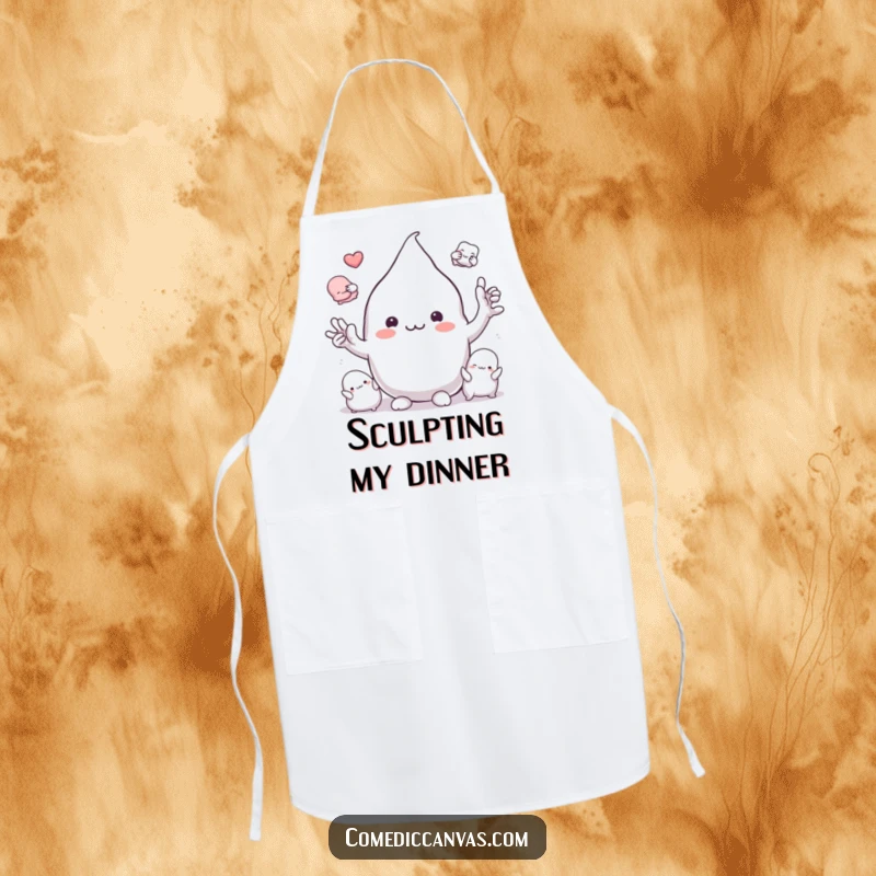 Funny playful clay blob character molding into various shapes, kitchen apron, humorous artistic cartoon.