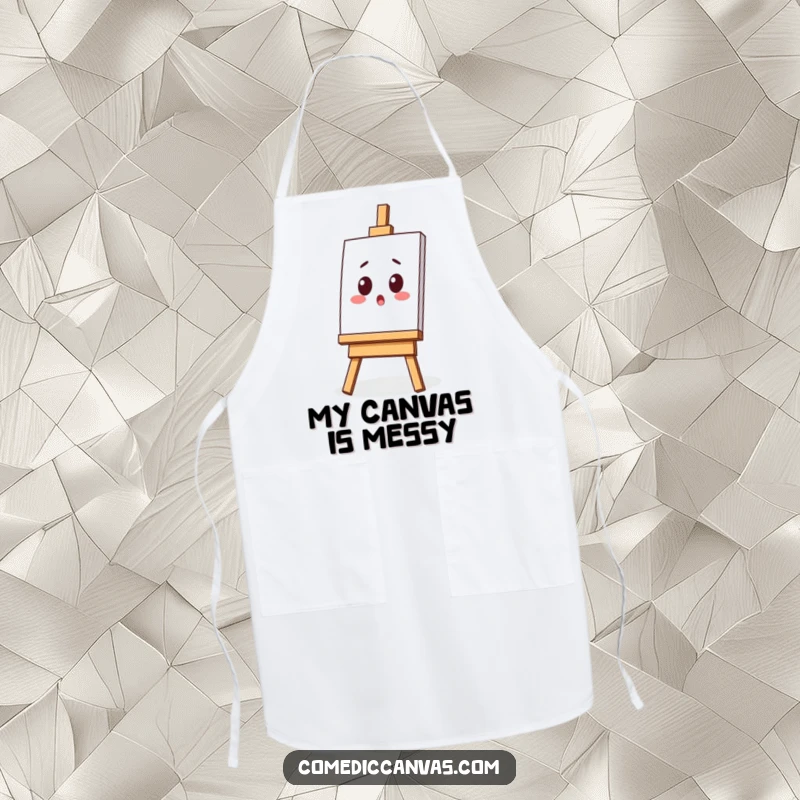 Funny apron showing a surprised kawaii easel with a tilted canvas, perfect for keeping clean during artistic endeavors.