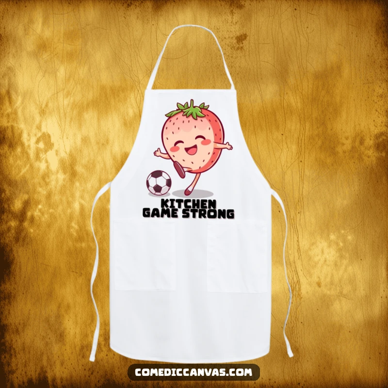Funny joyful strawberry character kicking a soccer ball with a grin, featured on a functional apron for a humorous kitchen experience.