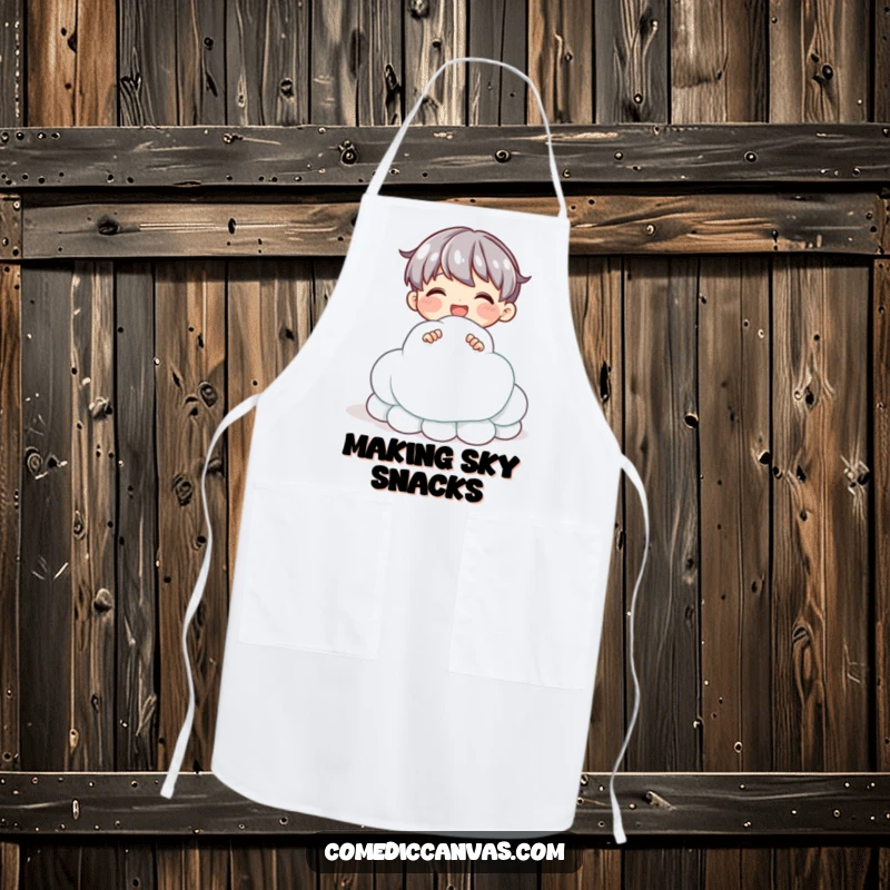 Funny apron showing a delighted character sculpting a clay cloud, perfect for artistic chefs and messy creators.