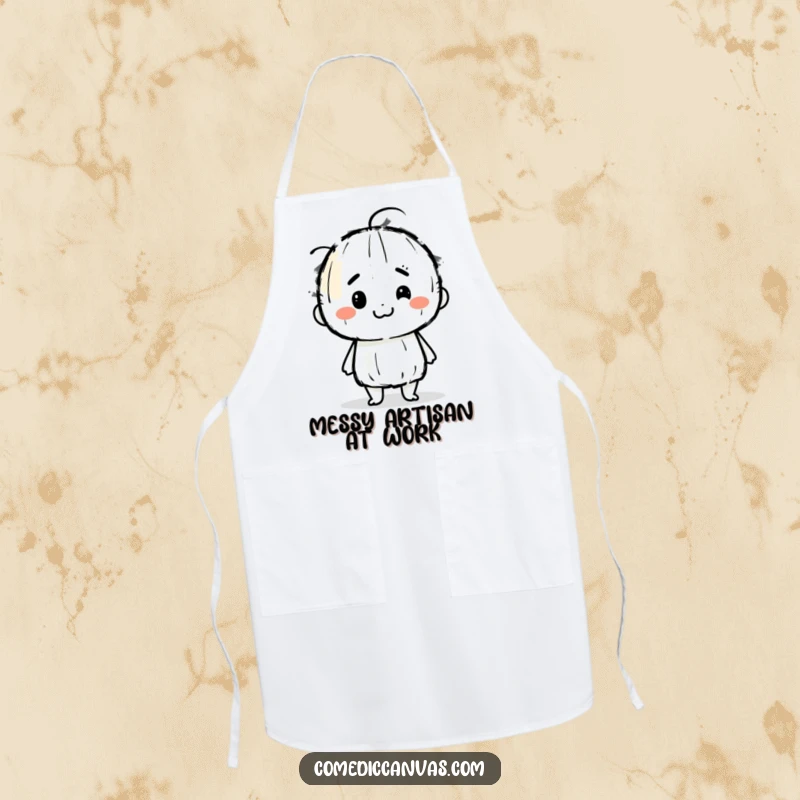 Funny apron showing a determined charcoal stick character joyfully smudging artistic lines, perfect for keeping clean during creative endeavors.
