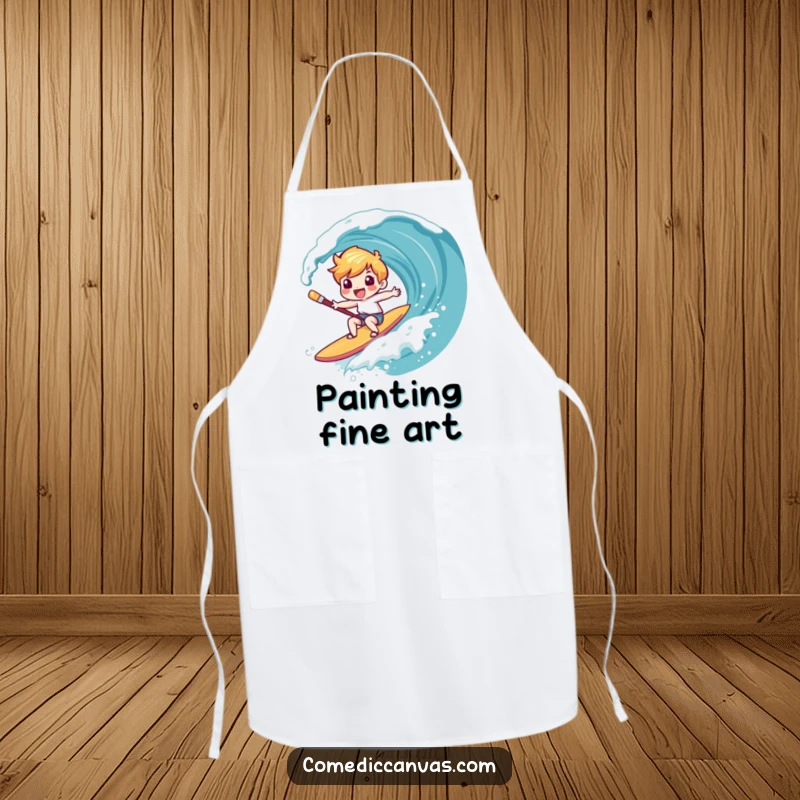 Funny apron illustrating a character giggling while surfing a canvas wave on a paintbrush, combining artistic practicality with humorous design.