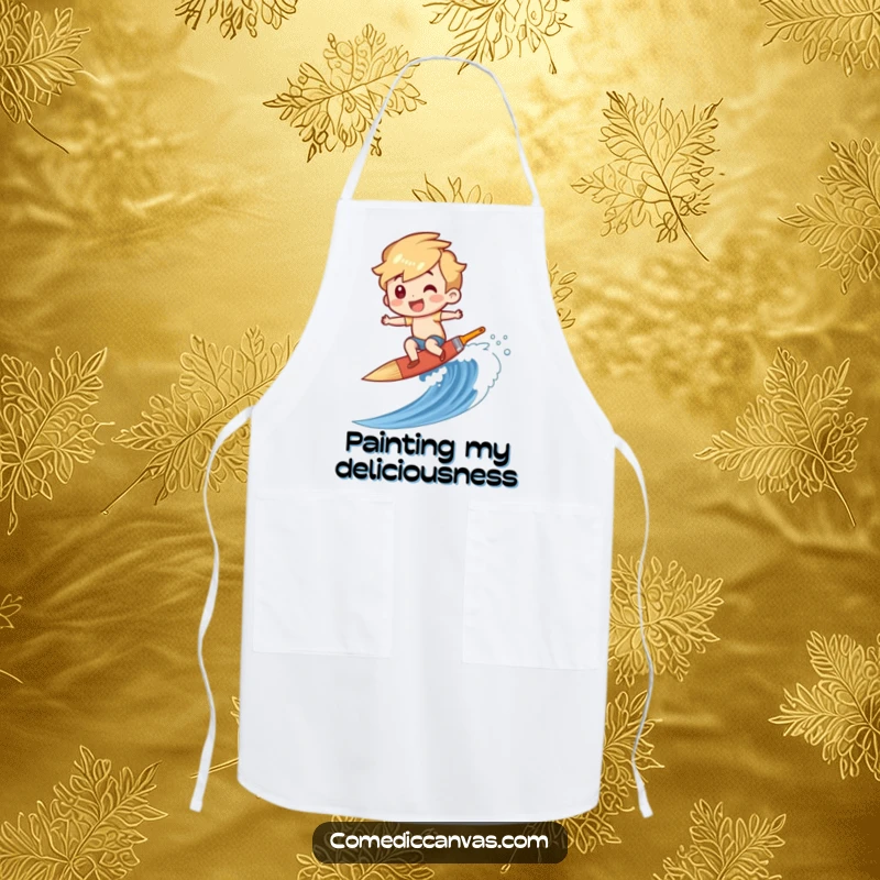 Funny apron showing a character surfing a paintbrush down a colorful canvas wave, perfect for artistic culinary adventures.
