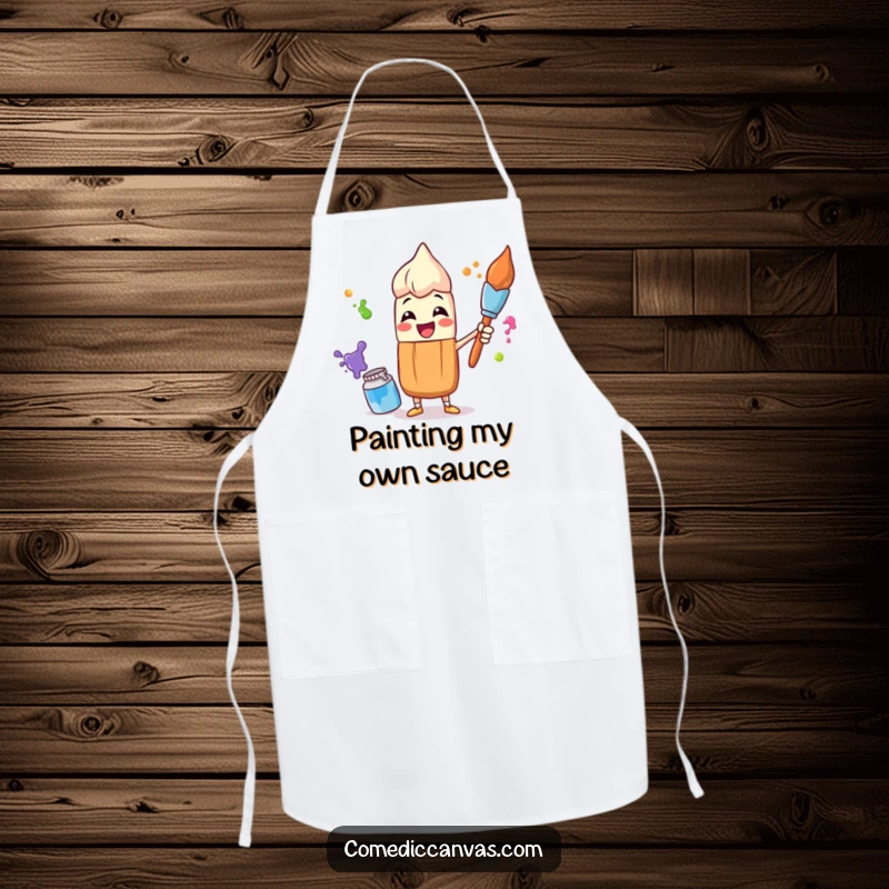 Funny apron showcasing a happy paintbrush character juggling colorful paint pots, designed for artistic flair in the kitchen or studio.