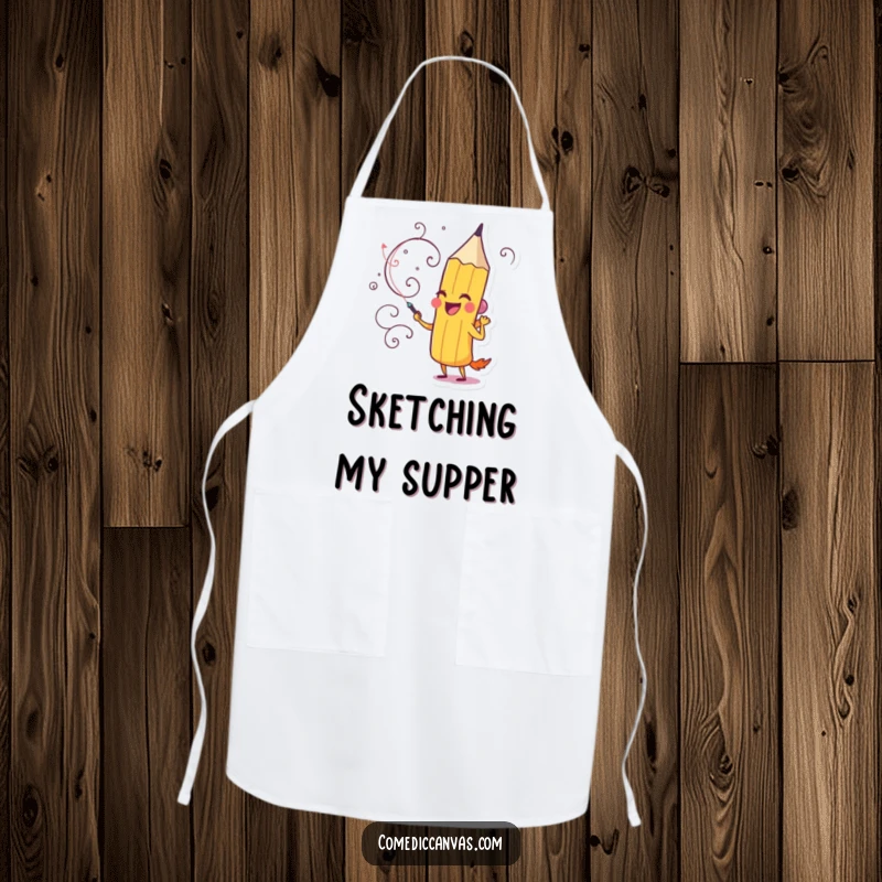 Funny apron with a delighted pencil character actively drawing a whimsical, swirling design, protecting the artist.