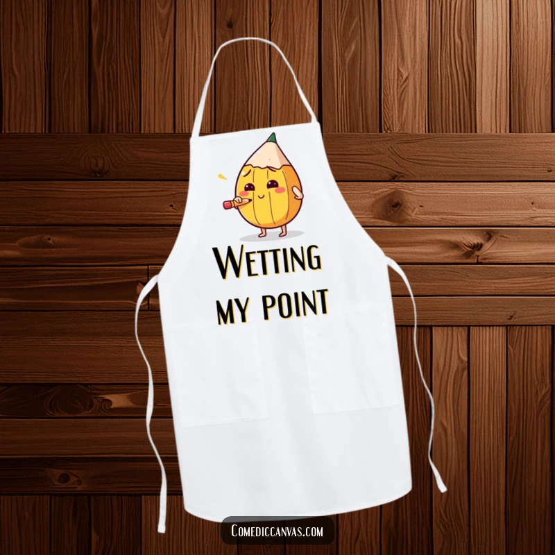Funny apron with a round pencil character sharpening itself with intense focus, ideal for crafting, studying, or working.