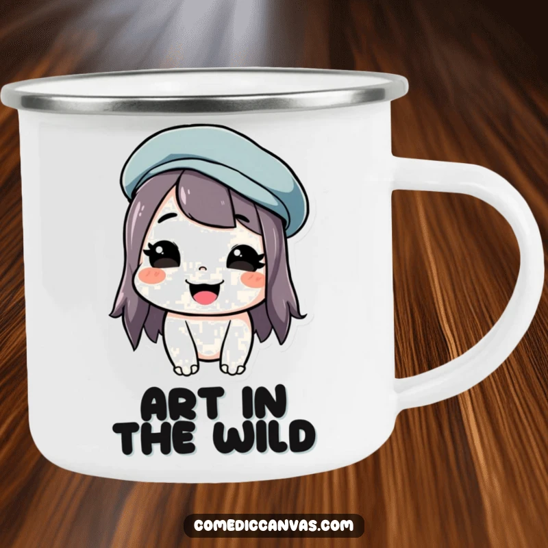 Funny camping mug of a grinning artist with a crooked beret, perfect for outdoor charm.