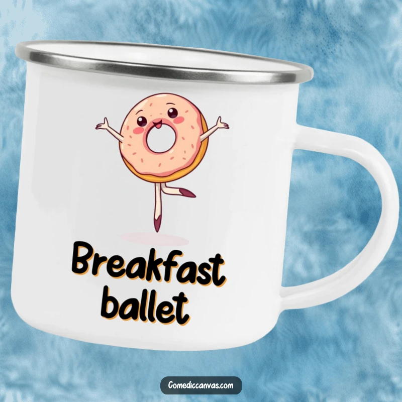 Funny camping mug with a wobbly jelly donut mid-pirouette, ready for adventures and bringing a dose of sweet humor to the great outdoors.