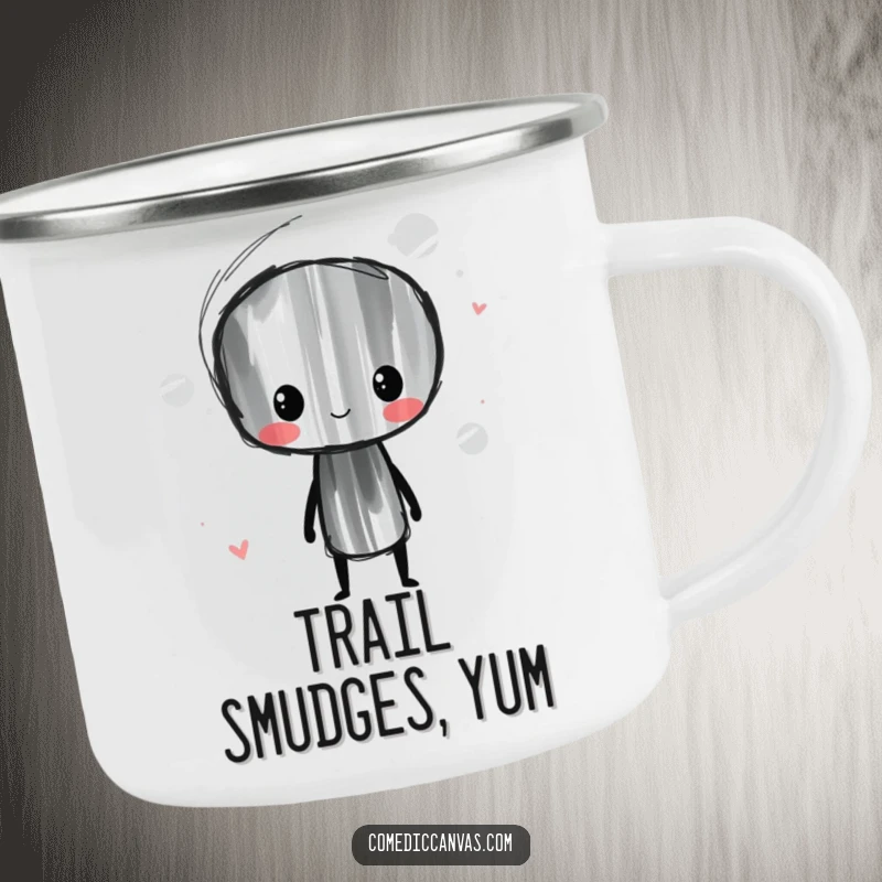 Funny Charcoal Stick Camping Mug with a whimsical character smudging artful lines, ideal for enjoying drinks outdoors.