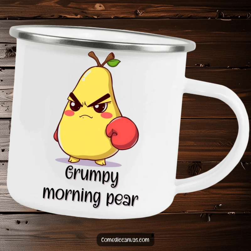 Funny grumpy pear wearing a tiny boxing glove and glaring on a rugged camping mug.