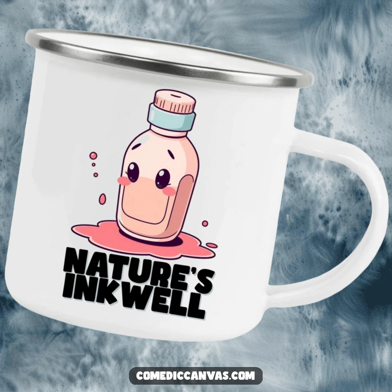 Funny camping mug featuring a curious ink bottle character comically dribbling a large ink blot, ready for outdoor artistic endeavors.
