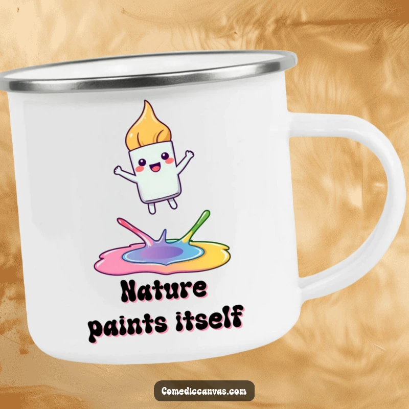 Funny camping mug with a happy, kawaii paintbrush leaping joyfully between colorful paint puddles, perfect for outdoor artistic inspiration.