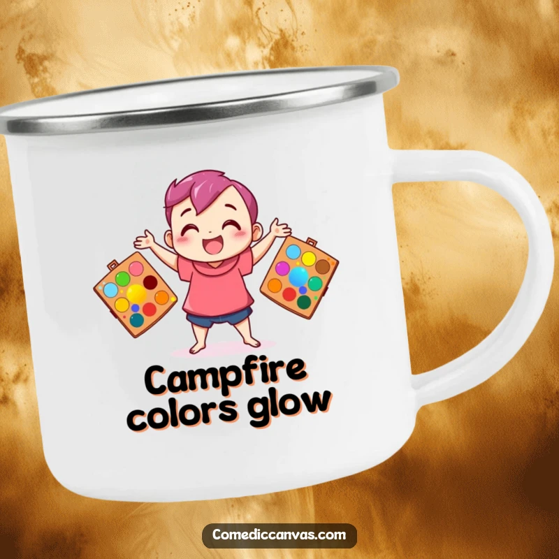 Funny camping mug showing a happy character juggling vibrant art palettes, ideal for creative campers and artists.