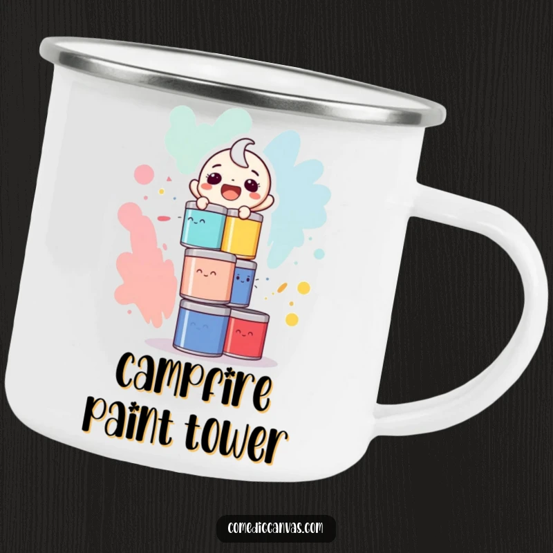Funny camping mug with a character laughing while precariously balancing a tower of colorful paint cans, for adventurous artists.