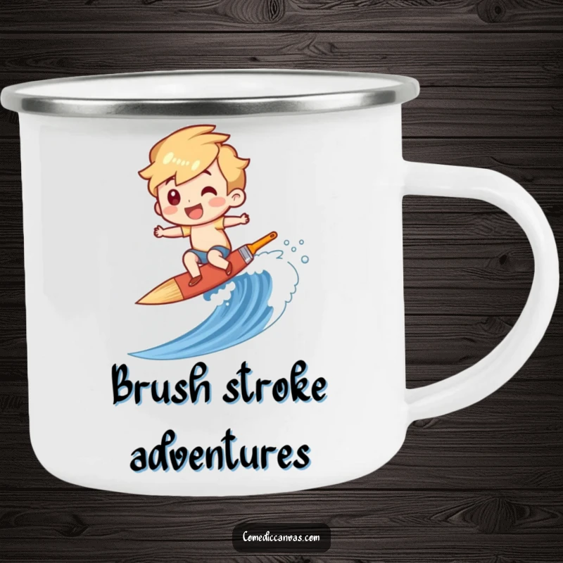 Funny camping mug showing a character surfing a paintbrush down a canvas wave, ideal for creative campers and artists.