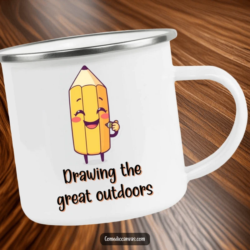 Funny camping mug showing a happy pencil character sketching a silly face, designed for outdoor use and artistic inspiration.