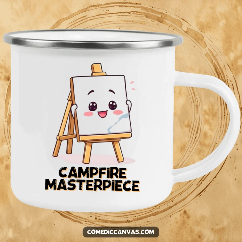 Funny camping mug with a playful easel character enthusiastically holding up a masterpiece, perfect for outdoor enthusiasts.