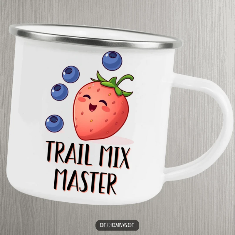 Funny camping mug with a mischievous strawberry juggling blueberries, ready for adventures and bringing a dose of fruity humor to the campsite.