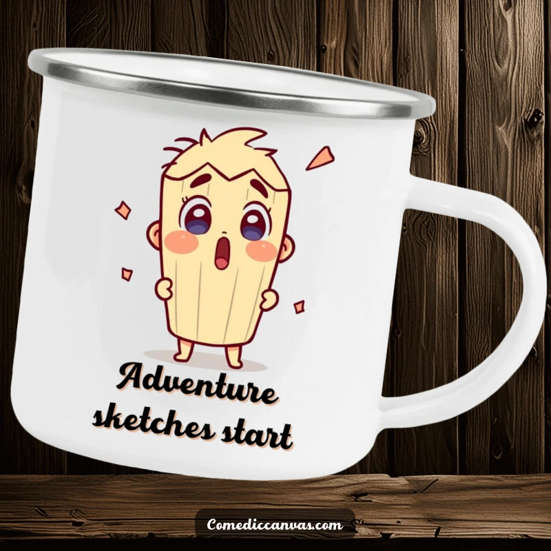 Funny surprised pencil character sketching with enthusiasm on a durable camping mug, perfect for outdoor enthusiasts.