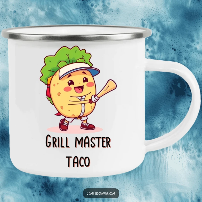 Funny cheerful taco character triumphantly playing baseball, designed for durability and fun on this camping mug.