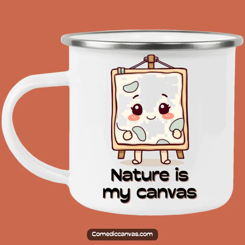 Funny Masterpiece Canvas Camp Mug - Smiling Character Outdoor Art