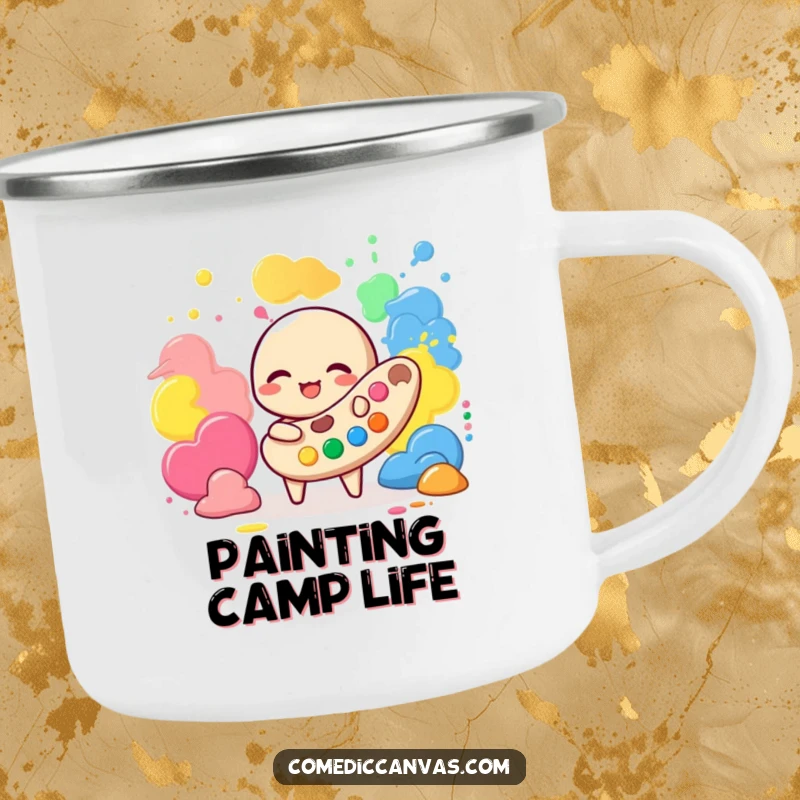 Funny camping mug showing a giggling palette character playing with vibrant paint blobs, perfect for outdoor artists and enthusiasts.