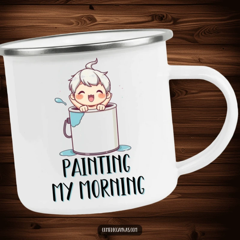 Funny camping mug showing a character popping from a paint can, perfect for outdoor art enthusiasts.