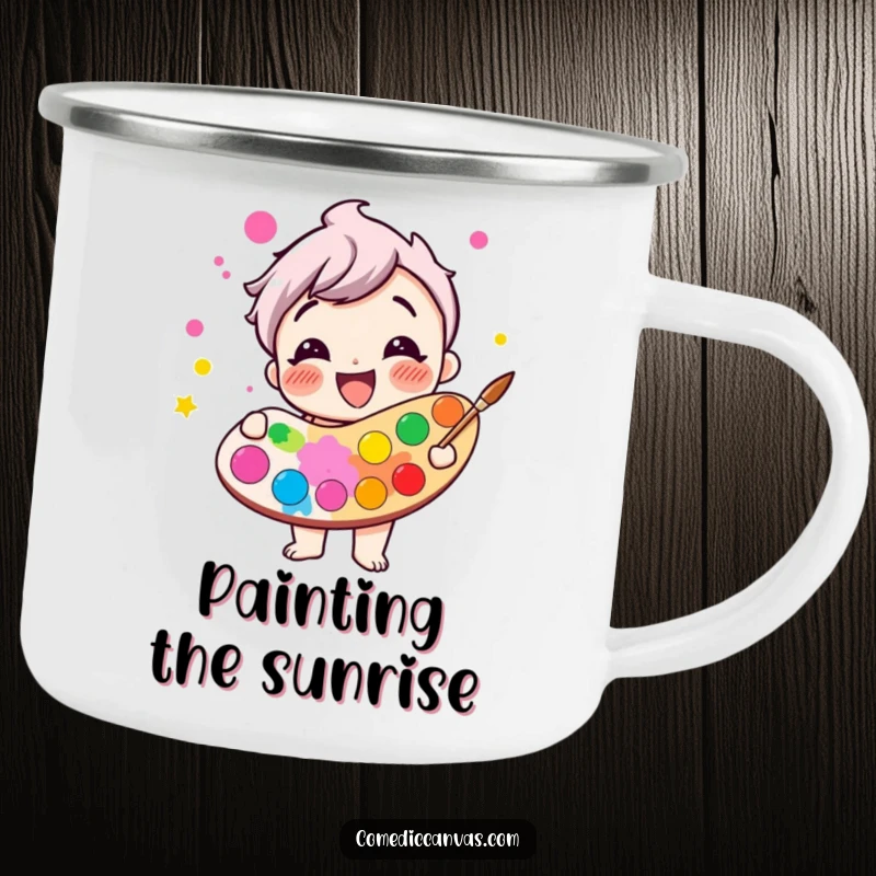 Funny giggling paint palette character overflowing with bright colors, durable enamel camping mug, humorous colorful outdoor art.