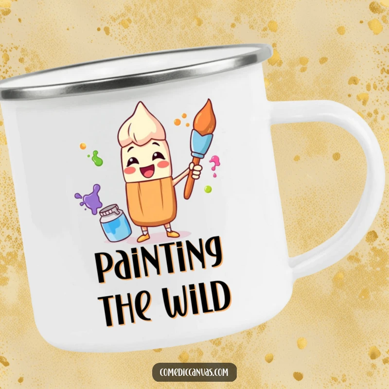 Funny camping mug depicting a happy paintbrush character juggling colorful paint pots, ideal for outdoor adventures and artistic inspiration.