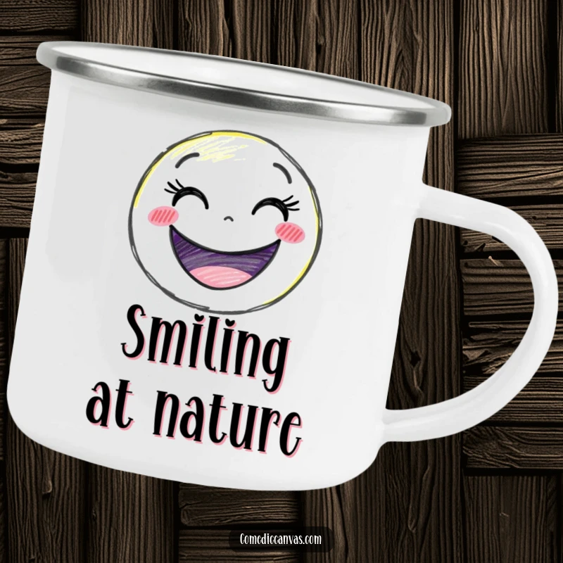 Funny delighted crayon character drawing a giant smiley face, a durable and humorous camping mug.