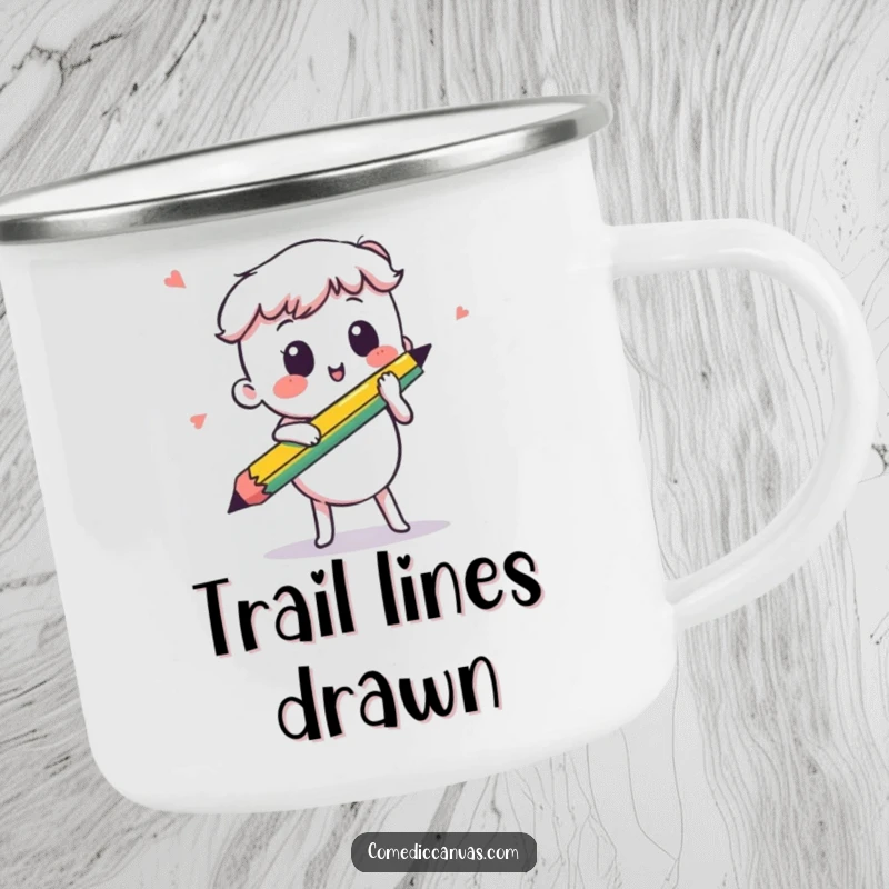 Funny kawaii pencil sketching a line, a durable camping mug for artists, perfect for outdoor creative sessions and humor.