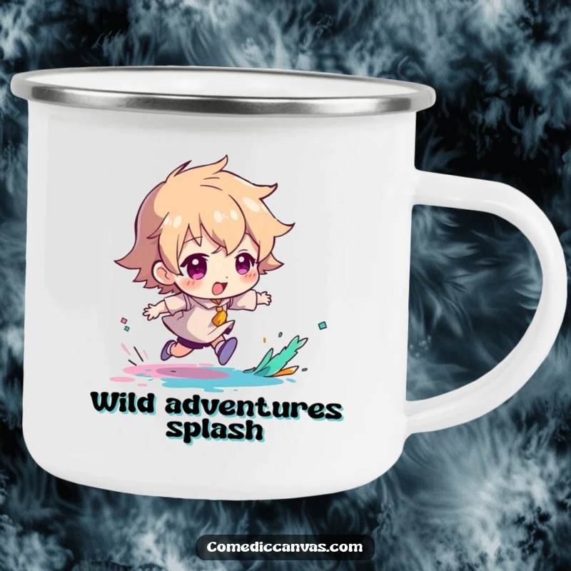 Funny camping mug of a character chasing a paint splash, ideal for outdoor creative sessions.