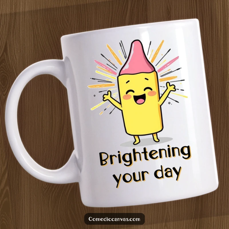 Funny mug featuring a cheerful crayon character joyfully drawing a sunburst with enthusiastic scribbles, a symbol of happiness, a funny gift.