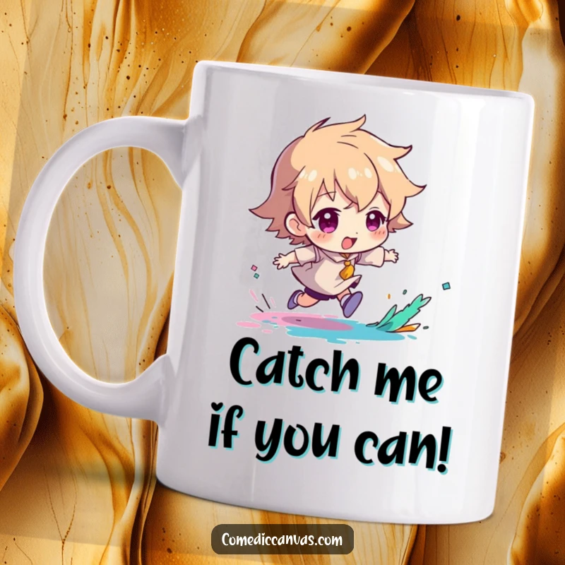 Funny mug depicting a character joyfully chasing a splashing blob of paint, capturing artistic energy.