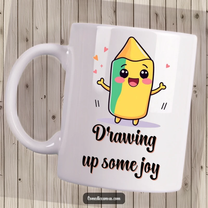 Funny mug showcasing a cute, kawaii crayon wiggling with delight as it draws, celebrating the joy of creativity.