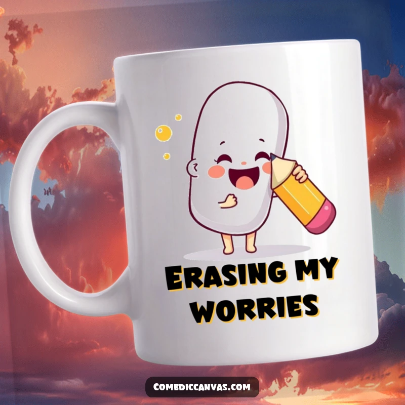 Funny mug showing a joyful character poking a giant, bouncy eraser with a pencil, symbolizing playful art correction.